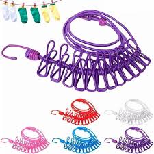 Cloth Drying Rope with Two Sided Hooks, Elastic 12 Clips